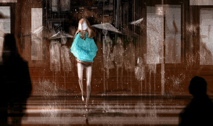 Ghostly girl come from nowhere, crossing the street